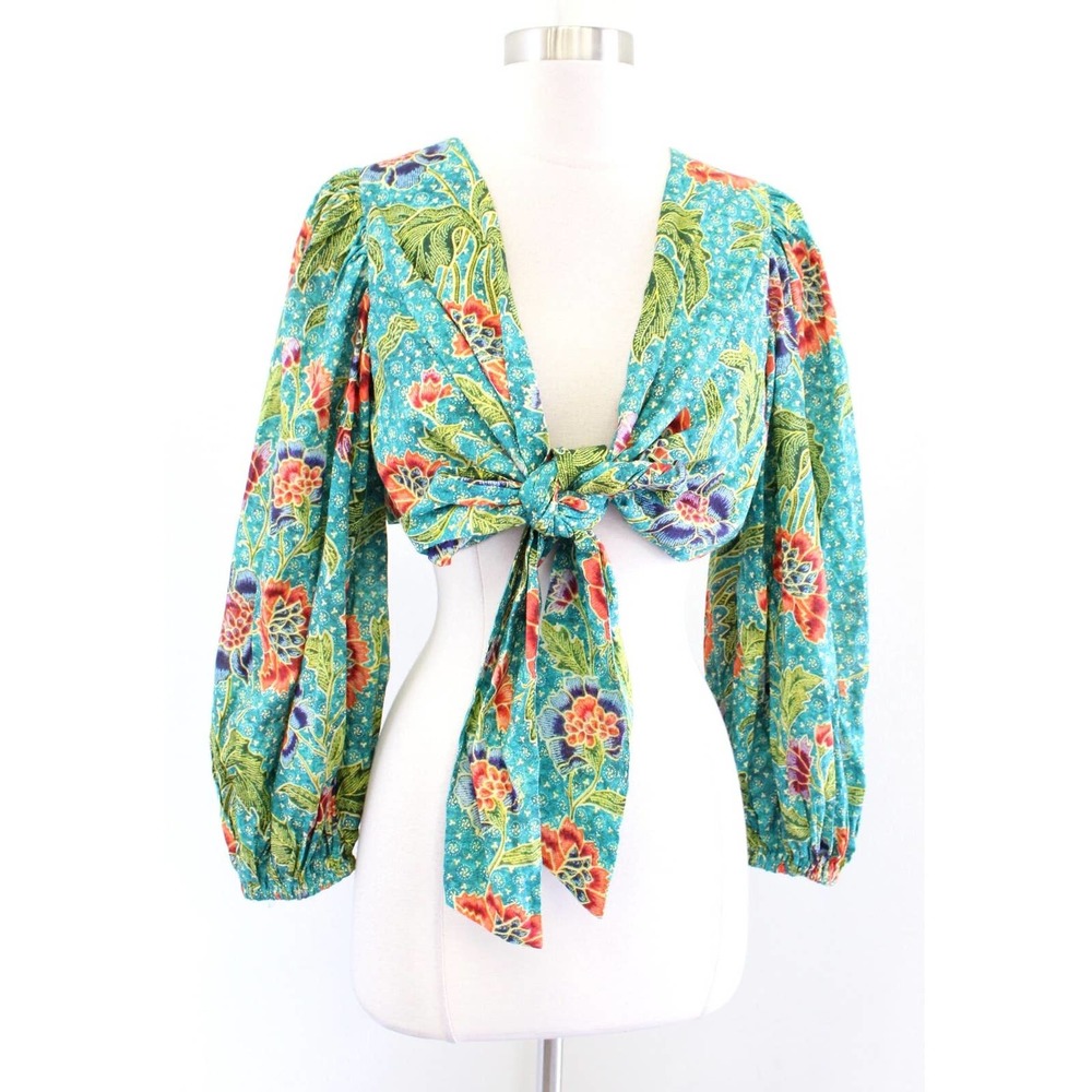 Charina Sarte Teal Green Floral Cropped Tie Front Top Blouse Sz M Plunge V Neck